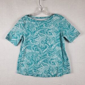 Kim Rogers Womens Teal White Paisley Short Sleeve Cotton Knit Top Size M
